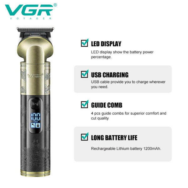VGR V 296 Magnetic Motor Salon USB Hair Clipper Cordless Rechargeable Metal Carving Scissor Professional Men's Hair Clipper V-296 - Image 2