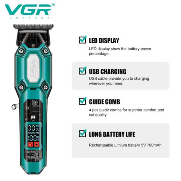 VGR v 900 T-shaped blade hair clipper cordless transparent body hair clipper electric rechargeable professional men's hair clipper v-900 - Image 6