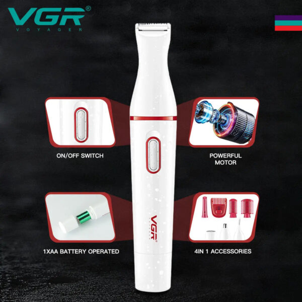 VGR v-725 Women 4 in 1 Waterproof Lady Shaver Rechargeable Mini Electric Nose and Ear Trimmer Facial Shaver Eyebrows Trimmer - Image 3