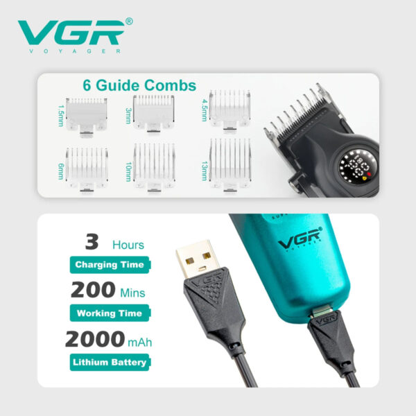 VGR Hair Clipper Professional Trimmer Adjustable Hair Cutting Machine Rechargeable Clipper LED Haircut Clipper for Men V-196 - Image 5