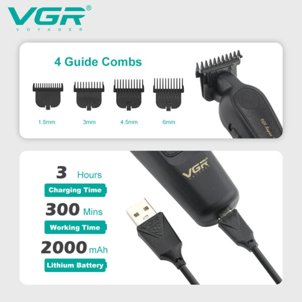 VGR V-995 Professional Hair Clipper for Men DLC T-Blade Low Noise Ceramic Blade Cordless Oil Head Hair Trimmer Finishing Machine - Image 3