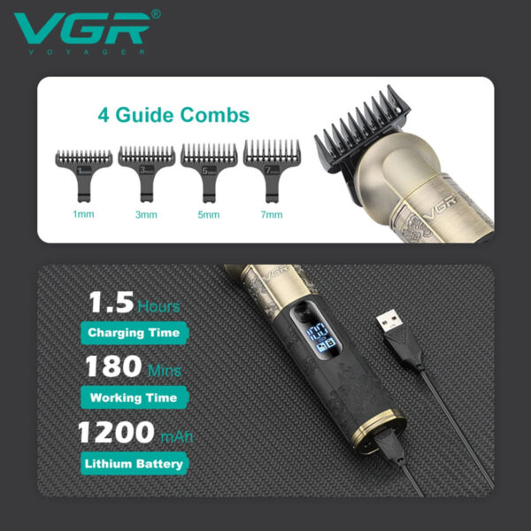 VGR V 296 Magnetic Motor Salon USB Hair Clipper Cordless Rechargeable Metal Carving Scissor Professional Men's Hair Clipper V-296 - Image 5