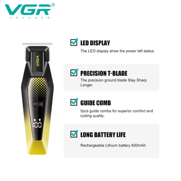 VGR V 253 Professional Hair Trimmer Barber Hair Clipper Electric Man Hair Cutting Adjustable Cordless LED Men's Hair Trimmer V-253 - Image 3