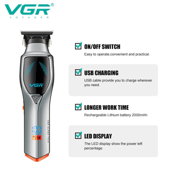 VGR V 187 USB Charging Hair Clipper Professional Cordless Electric Men's Shaving Gradient Intelligent Digital Push Clipper v-187 - Image 2