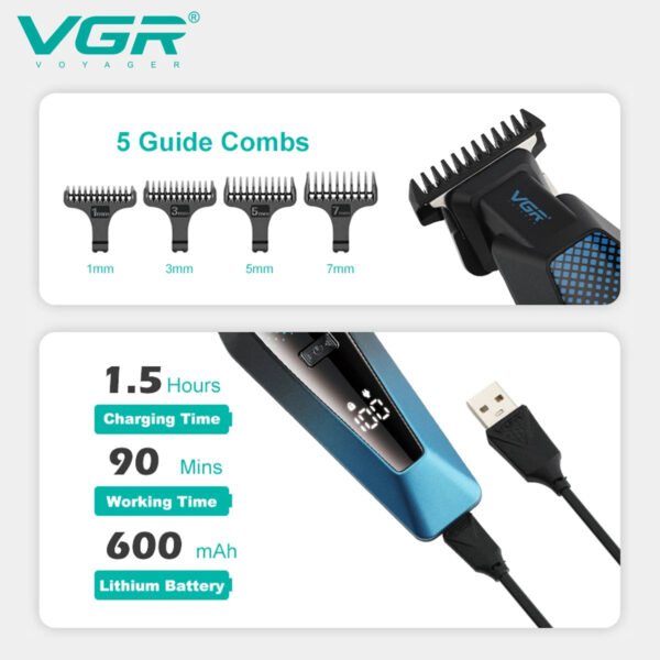 VGR V 253 Professional Hair Trimmer Barber Hair Clipper Electric Man Hair Cutting Adjustable Cordless LED Men's Hair Trimmer V-253 - Image 2