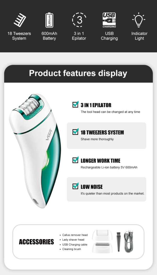VGR V-731 3in1 Hair Removal Machine Lady Shaver Callus Remover Electric Professional Epilator - Image 2