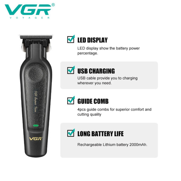 VGR V-995 Professional Hair Clipper for Men DLC T-Blade Low Noise Ceramic Blade Cordless Oil Head Hair Trimmer Finishing Machine - Image 4